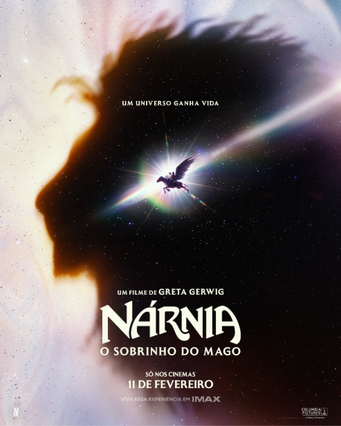 Cartaz de Nárnia: O Sobrinho do Mago com silhueta de leão e figura alada em um fundo luminoso.