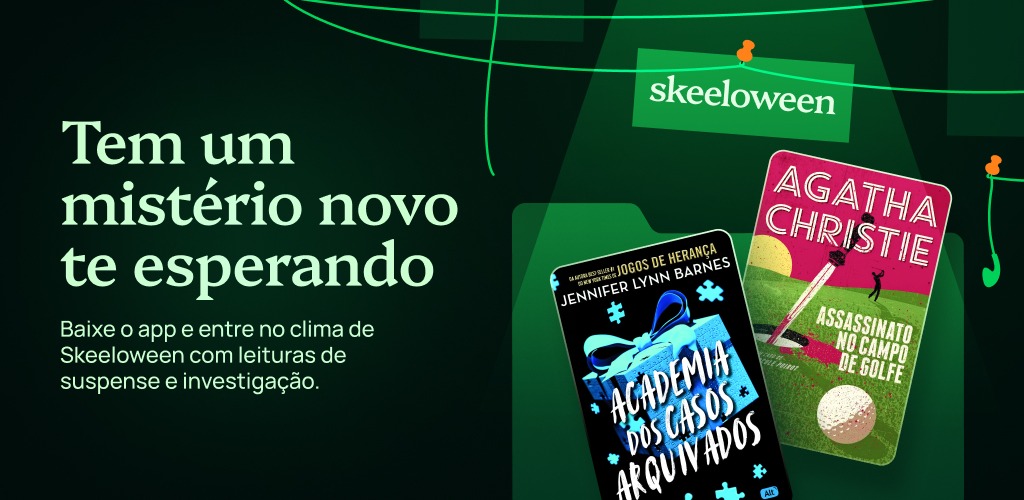 Arte do Skeeloween com capas de Academia dos Casos Arquivados e Assassinato no Campo de Golfe