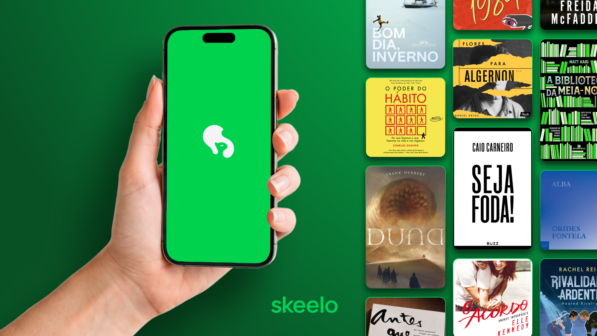 Imagem de divulgação do Skeelo com celular e capas de livros